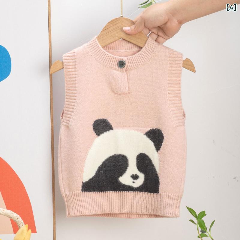 キッズ ニットベスト 男の子 女の子 かわいい 定番 パンダ 刺繍 アクリル 秋冬 ノースリーブ ラウンドネック おしゃれ カジュアル 普段使い 重ね着 着回し ピンク グレー(x2)