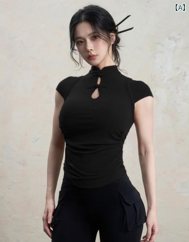 Tシャツ レディース 新中華風 チャイナボタン スタンドカラー 半袖 カットソー スリムフィット モダール素材 通勤 オフィス 春夏