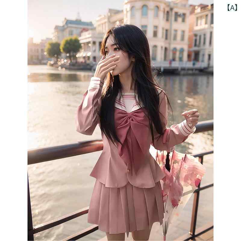 セットアップ レディース スクール風 JK制服 お嬢様風 パフスリーブ 長袖 リボンタイ プリーツスカート ショート丈 ピンク 2点セット 春夏