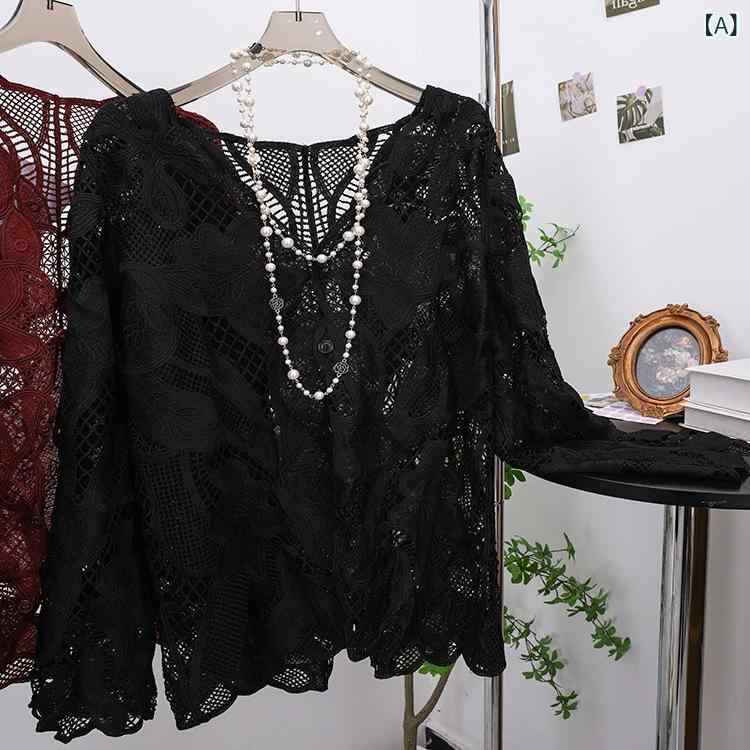 カーディガン レディース 女性用 刺繍 花柄 レース Vネック 繊細 透かし編み 長袖 無地 羽織り 上品 エレガント ポリエステル 春夏 通勤 オフィス カジュアル
