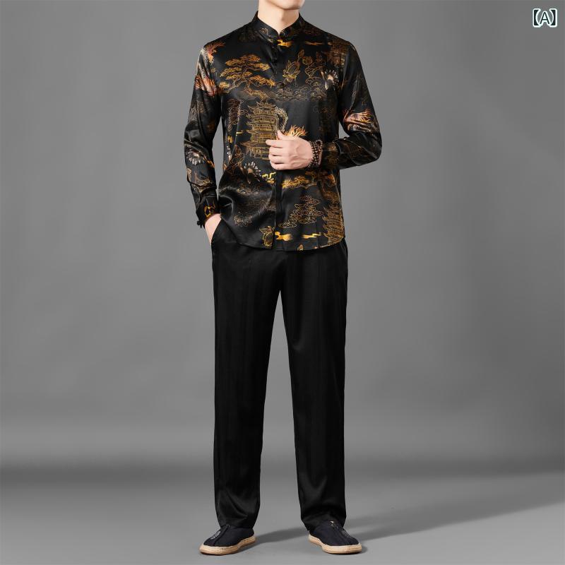 トップス メンズ 男性用 桑蚕シルク サテン 長袖 スタンドカラー チャイナ服 新中華風 プリント セットアップ 上下セット 普段使い