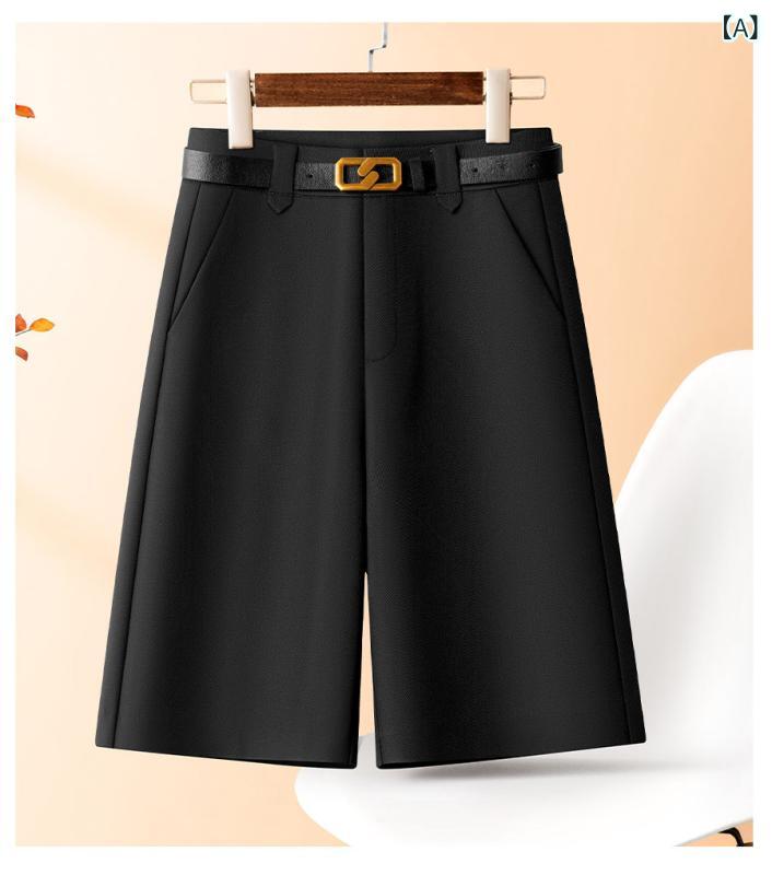 ショートパンツ レディース 高級感 ハイウエスト 五分丈 ワイド ストレート 細見え ゆったり スラックス 薄手 ポリエステル カジュアル 通勤 春夏 ブラック ブラウン グレー カーキ