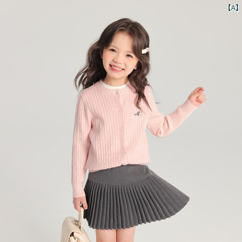 ニット カーディガン 女の子 ガールズ ラウンドネック 丸首 シンプル かわいい 普段使い スクール風 プレッピー 肌触り柔らか シングルボタン 前開き ポリエステル 無地 ロゴ 春秋(x2)