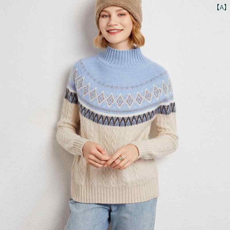 ニット レディース 純カシミヤ ハーフネック プルオーバー 厚手 レトロ 民族柄 ジャカード編み 高級感 通勤 秋冬|naruki