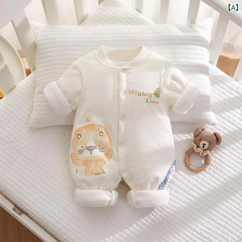 ロンパース ベビー服 男の子 女の子 新生児 秋冬 中綿入り 厚手 あったか 綿100% 長袖 前開き スナップボタン アニマル柄 恐竜柄 普段使い 部屋着 カジュアル 防寒着