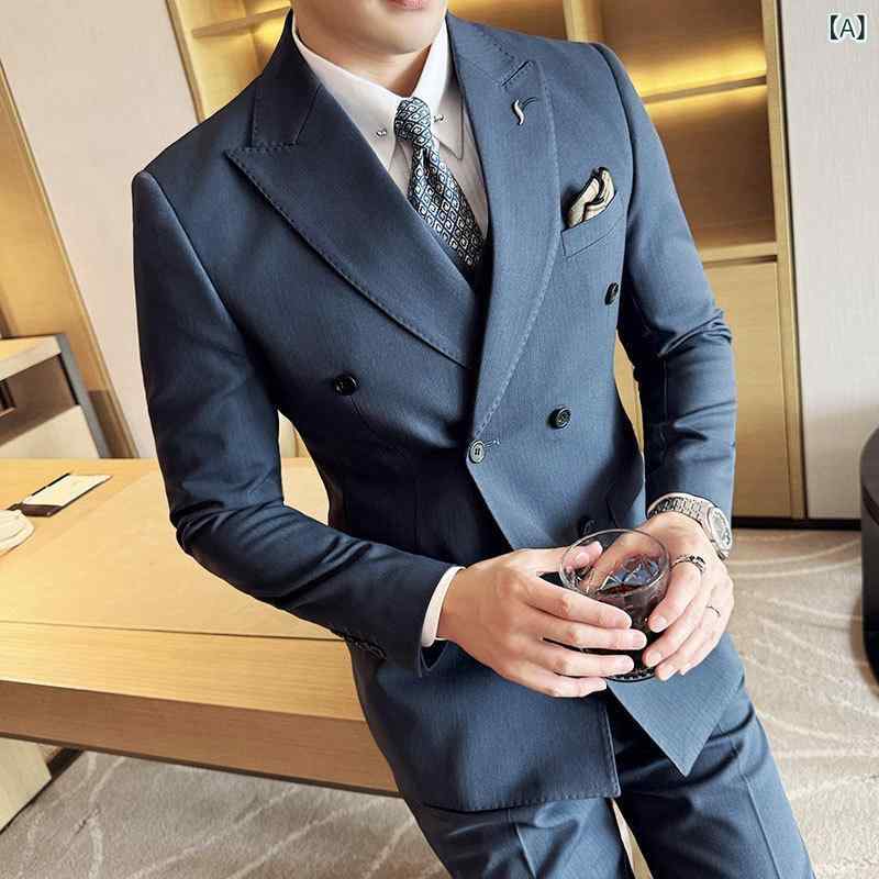 スーツ メンズ ストライプ ビジネス オフィス 通勤 フォーマル 結婚式 新郎 披露宴 パーティー 礼服 セットアップ スリムフィット ジャケット 再生繊維 ブルー グレー ブラック ブラウン