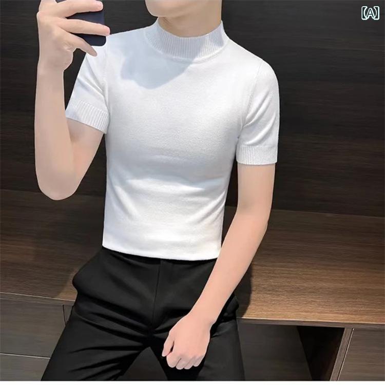 ニット メンズ 男性用 秋冬 半袖 モックネック ハイネック セーター スリムフィット 細身 インナーシャツ トップス 無地 保温 暖かい 洗濯機洗い可能 高弾性 カジュアル 厚手 シルケットコットン レーヨン ポリエステル
