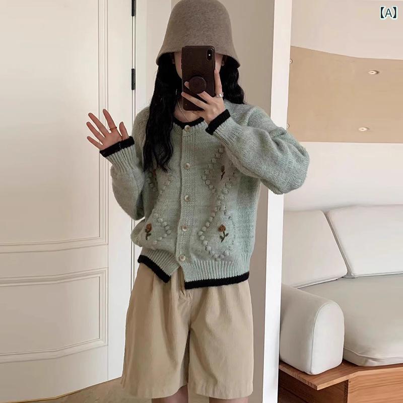 カーディガン レディース 韓国風 レトロ 立体フラワー刺繍 配色切り替えデザイン ニットトップス カシミヤタッチ 厚手 ゆったり 秋冬 ライトブルー ベージュ(x2)