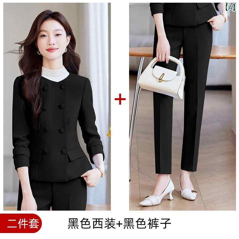 スーツ レディース ノーカラー ブルージャケット セットアップ ホテル フロント 美容院 受付 制服 オフィス ビジネス 通勤 仕事着 上品 きれいめ ポリエステル 春秋(x2)