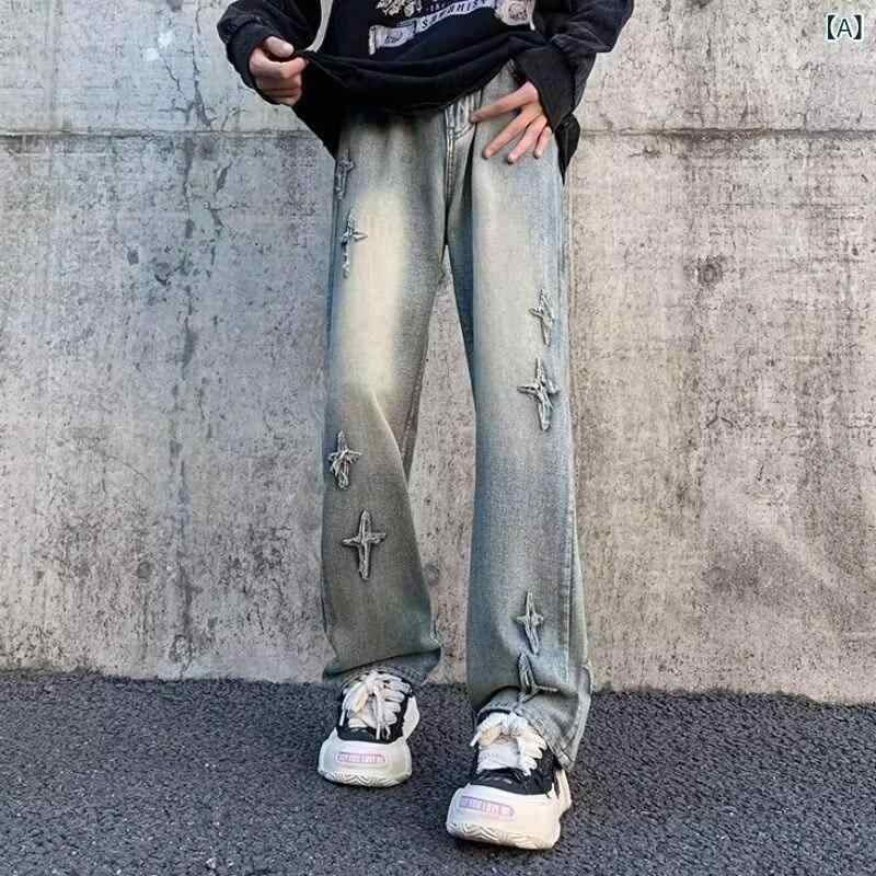 デニムパンツ メンズ ストレート ブーツカット フレア 十字架 刺繍 アメカジ ハイストリート レトロ ヴィンテージ スタイルアップ 着痩せ 細見え 伸縮性 ビッグサイズ カジュアル 普段使い 綿混紡 ポリエステル ブルー(x2)