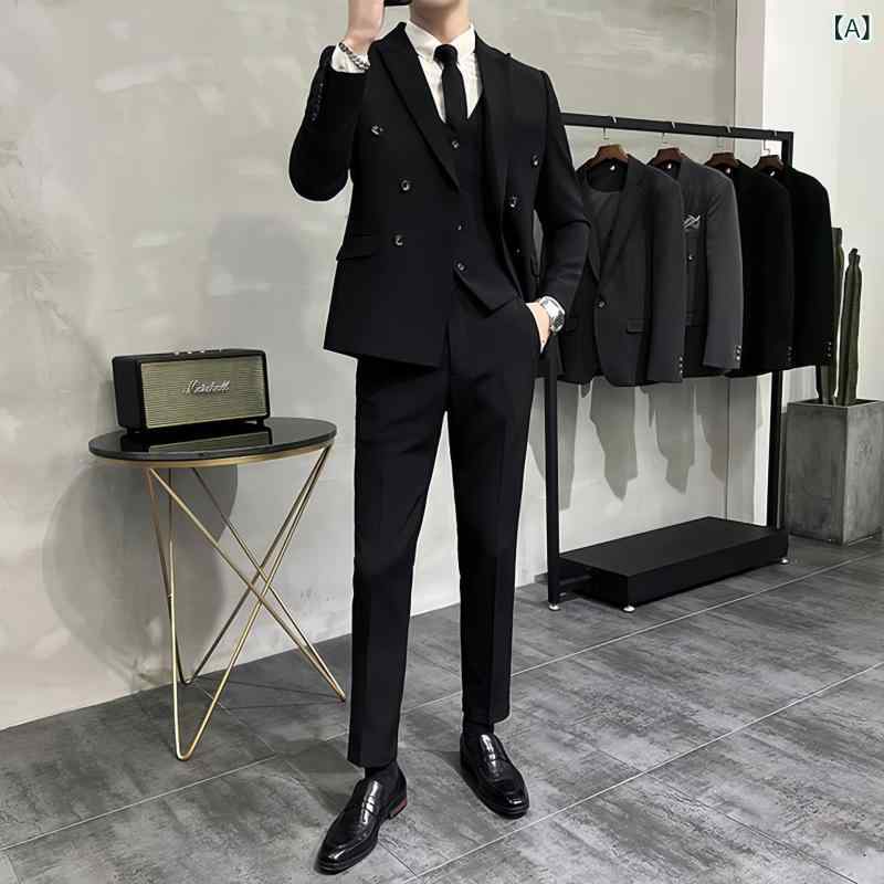 スーツ メンズ 男性用 ピークドラペル シングル セットアップ 韓国風 スリム 細身 ブラック 黒 ジャケット スラックス パンツ 春夏 カジュアル ビジネス 上品 きれいめ
