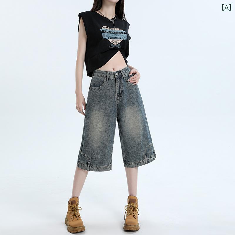 デニムパンツ レディース レトロブルー ハイウエスト ワイドストレート 5分丈 クロップド丈 ゆったり コットン カジュアル 普段使い 通勤 春夏
