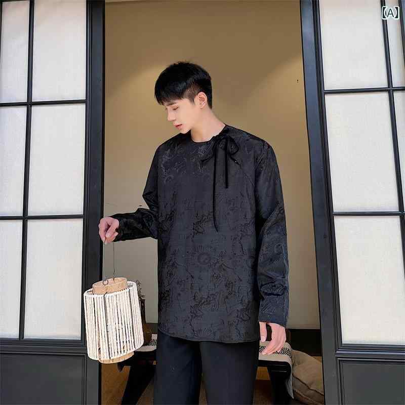 Tシャツ メンズ 男性用 トレンド サテン ポリエステル 花柄 刺繍 ジャガード 丸首 プルオーバー 斜め前合わせ 結び紐 長袖 ゆったり 普段使い カジュアル 春秋