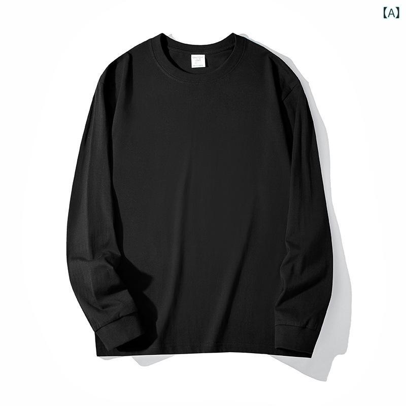 Tシャツ メンズ 秋冬 ベーシック ゆったり ルーズフィット ストリート トレンド ヘビーウェイト 肉厚 綿100% コットン 無地 インナー 重ね着 レイヤード 長袖 クルーネック 吸湿速乾 カジュアル ブラック ホワイト(x2)