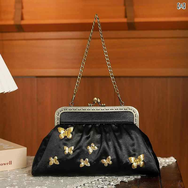 バッグ 黒色 中国風 チャイナドレス風 蝶モチーフ メタル飾り ハンドバッグ クラッチ チェーンショルダー スクエア型 宴会 パーティー フォーマル 普段使い ポリエステル素材 マグネット開閉式 仕切り付き 鞄
