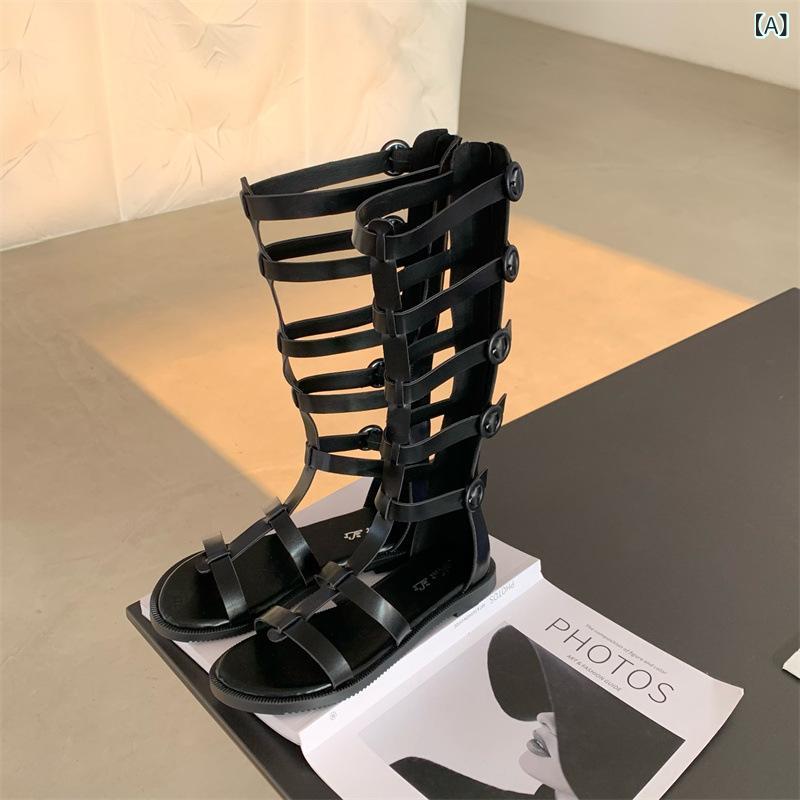 サンダルブーツ レディース 女性用 ローマ風 オープントゥ ロング丈 レースアップ フラットソール PUレザー カットアウト バックファスナー ラインストーン 通気性 ブラック 春夏