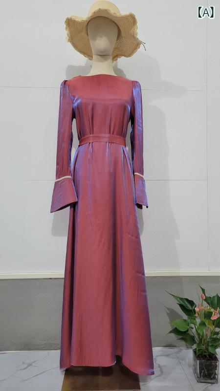 ワンピース エレガント 上品 光沢 シャイニー サテン 無地 ハイウエスト フレア Aライン ロング丈 長袖 ポリエステル 通勤 オフィス お出かけ パーティー 秋冬