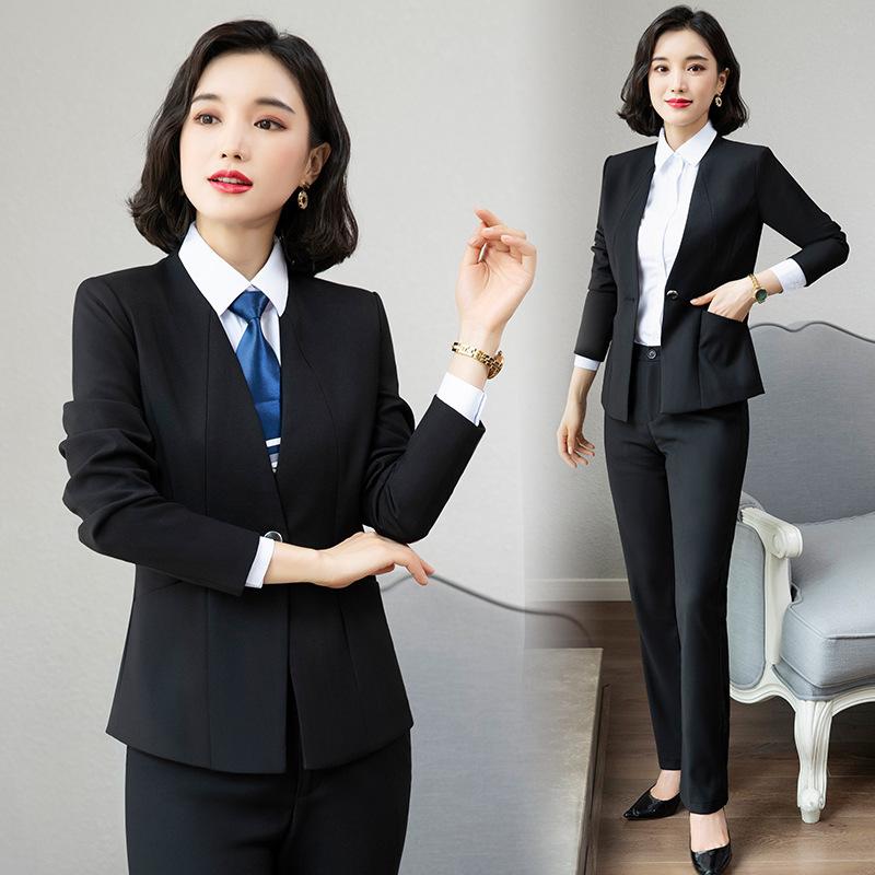 スーツ セットアップ レディース 女性用 ノーカラー 黒 ブラック ジャケット ブレザー 秋冬 ビジネス フォーマル オフィス 通勤 事務服 職場 仕事着(x2)