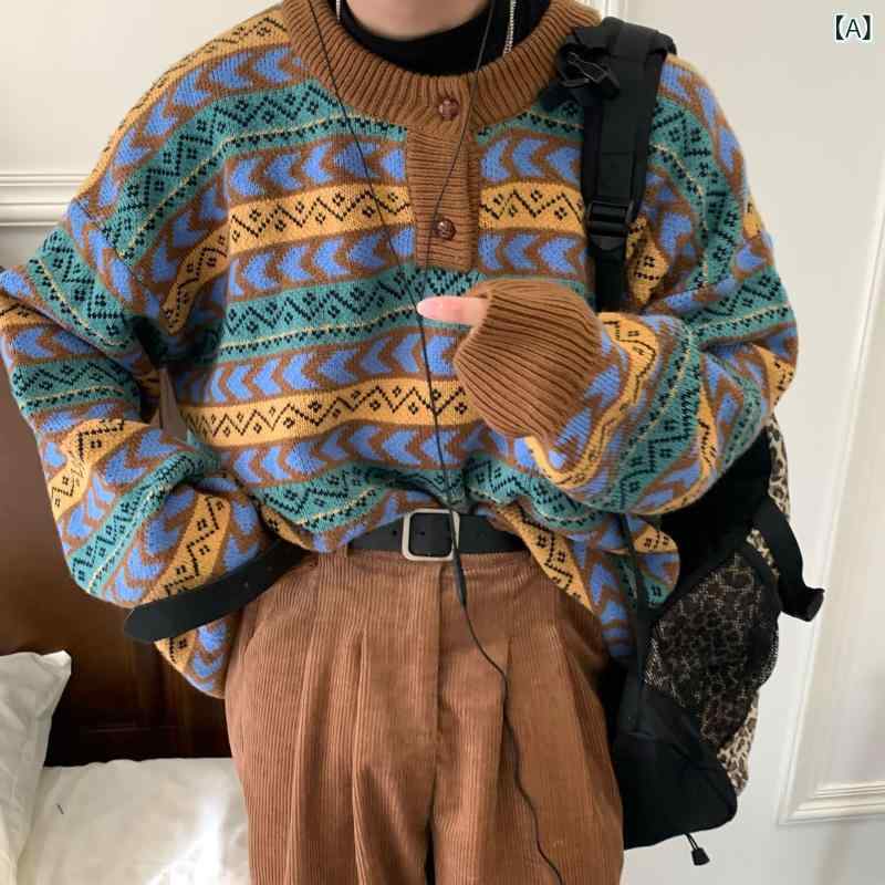 ニット メンズ 男性用 秋冬 民族調 エスニック レトロ トレンド ゆったり ハイネック 長袖 セーター トップス カジュアル インナー 着回し ポリエステル コーヒー ブラウン