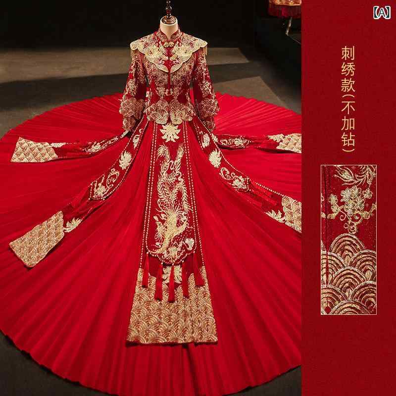 チャイナドレス レディース 中華風ウェディングドレス ショール付き 龍鳳柄 刺繍 豪華 高級感 花嫁 婚礼衣装 結婚式 披露宴 お色直し ロング丈 長袖 スタンドカラー ポリエステル 春夏