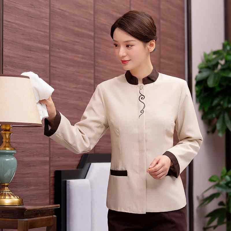 清掃員服 レディース ホテル 宿泊施設 旅館 客室 施設管理 業務服 長袖 秋冬 吸湿速乾 綿混 ポリエステル グレー ベージュ ユニフォーム 作業着 制服(x2)