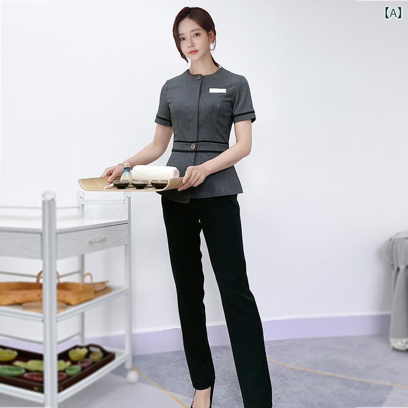 セットアップ レディース 韓国風 美容師 エステティシャン ユニフォーム 制服 スパ エステ赤ちょうちん 美容診療所 受け付け 事務服 事務室 半袖 長袖 吸湿速乾 ポリエステル 春夏