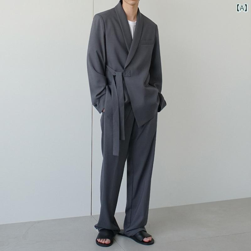 ジャケット メンズ 男性 カジュアル ビジネス シンプル サイドベルト 無地 ゆったり ルーズフィット コットン 韓国ファッション 秋冬 セットアップ ブレザー