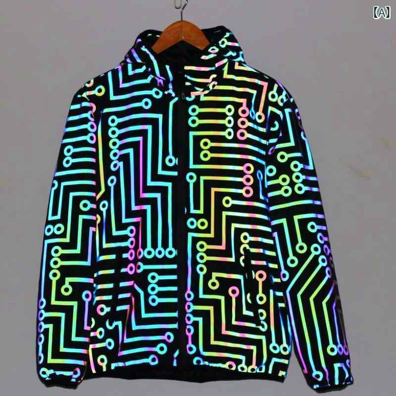 ジャケット メンズ 男性用 ヒップホップ ストリート ダンスウェア 回路柄 リフレクター 反射材 虹色 カラフル 派手 フード付き ジップアップ 防水 ポリエステル 春秋 黒 ブラック アウター 普段使い 夜間安全(x2)