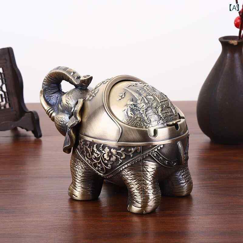 灰皿 縁起物 象 エレファント メタル製 防風 蓋付き 茶卓用 卓上 おしゃれ インテリア置物 東南アジア風 アシュトレイ