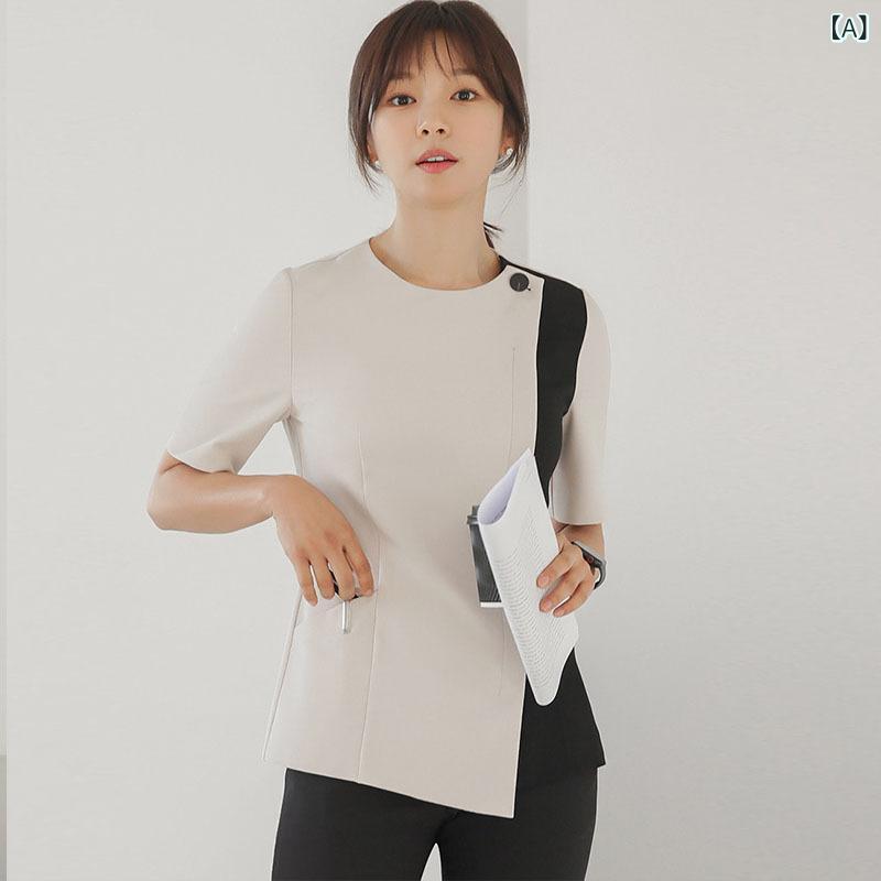 エステ制服 レディース 美容師 ユニフォーム エステティシャン 美容赤ちょうちん 診療所 ネイル 診療事務 受け付け 外科手術 やり方服 セットアップ 炭衣料繊維 吸湿速乾 抗菌防臭 半袖 長袖 杏 黒いこと