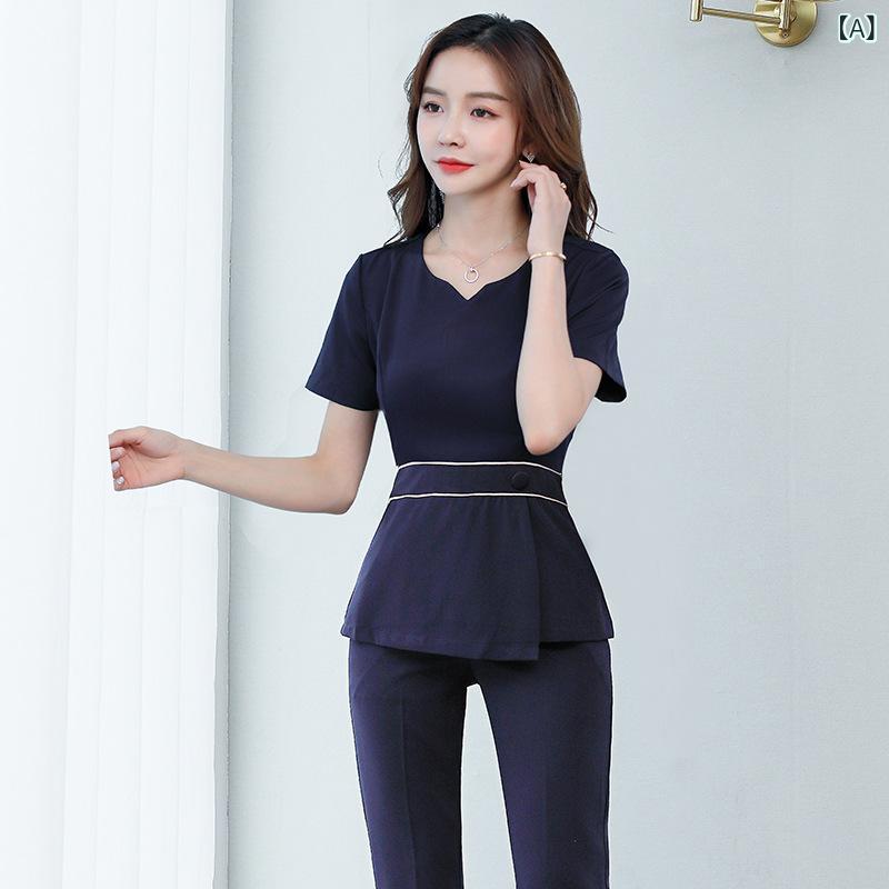 制服 レディース エステ ひと休み SPA 揉み療治 フットケア 美容師 外科手術着 セットアップ 吸湿速乾 御勤め着 秋冬 ポリエステル スパンデックス 米国海軍 さくら色