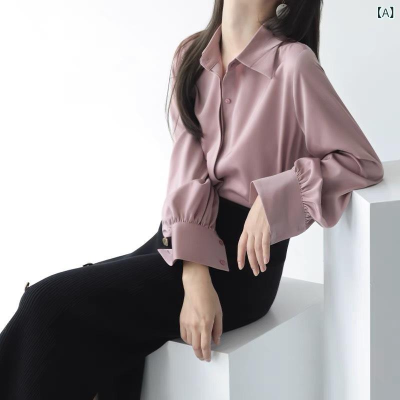 シャツ レディース 春夏 サテン 長袖 ポロ襟 スリムフィット 無地 シンプル 上品 エレガント 通勤 オフィス ビジネス スタイルアップ 着痩せ ホワイト ブラウス トップス