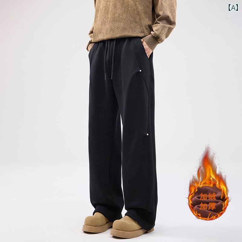 スウェットパンツ メンズ ワイドパンツ ルーズフィット 裏起毛 厚手 保温 防寒 鋲飾り ポリエステル素材 カジュアル 普段使い スポーツ アクティブ 秋冬 大きいサイズ ゆったり