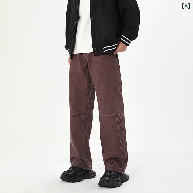 デニムパンツ メンズ 男性用 ジーンズ 秋冬 ミドルウエスト ワイド ストレート ルーズフィット 切り替え パッチワーク ウォッシュ加工 カジュアル 普段使い フルレングス コットン 綿