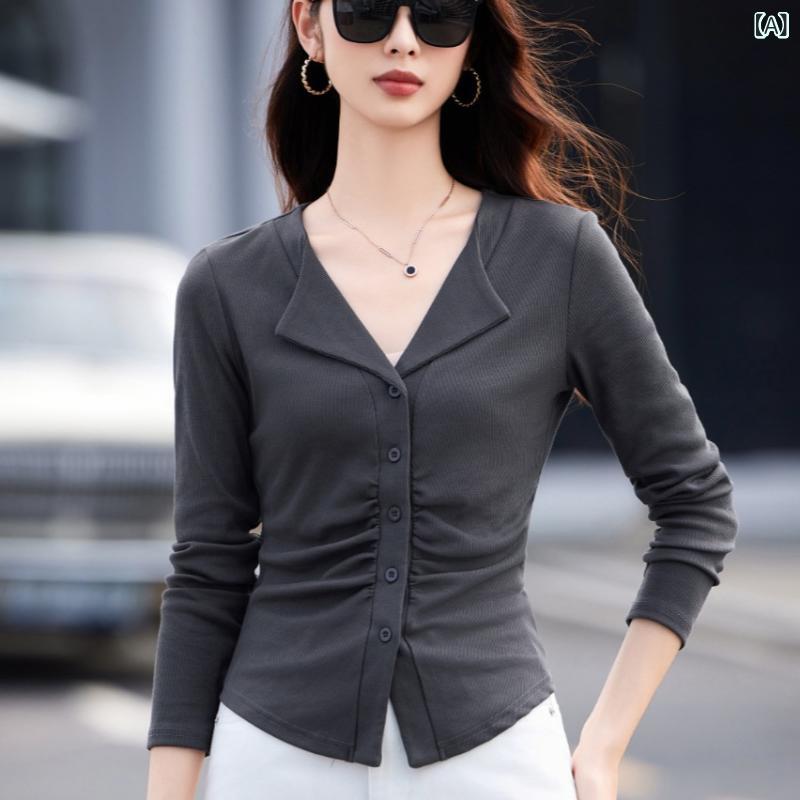 Tシャツ レディース 女性用 ポロ襟 長袖 コットン 綿 細見え スタイルアップ 着痩せ 着回し 万能 トップス カジュアル 普段使い 春秋 無地