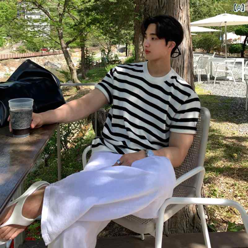 ニット Tシャツ メンズ 男性用 半袖 クルーネック 丸首 ゆったり ルーズフィット ストライプ ボーダー 柔らかな肌触り 綿 コットン ナイロン混 和風 韓国風 カジュアル 通勤 ビジネス 春夏 モノトーン 黒白|naruki