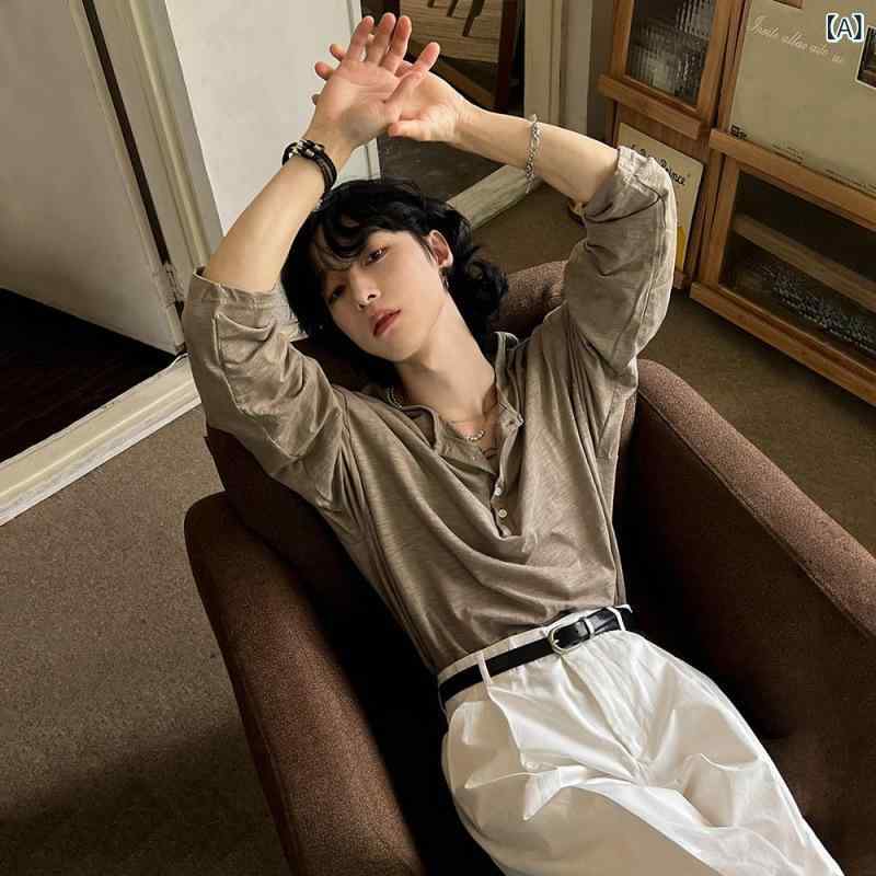 Tシャツ メンズ 男性用 ヘンリーネック 長袖 トップス カットソー スラブコットン 綿 ゆったり ルーズフィット オーバーサイズ 韓国風 オールドマネー風 カジュアル 薄手 秋冬｜naruki