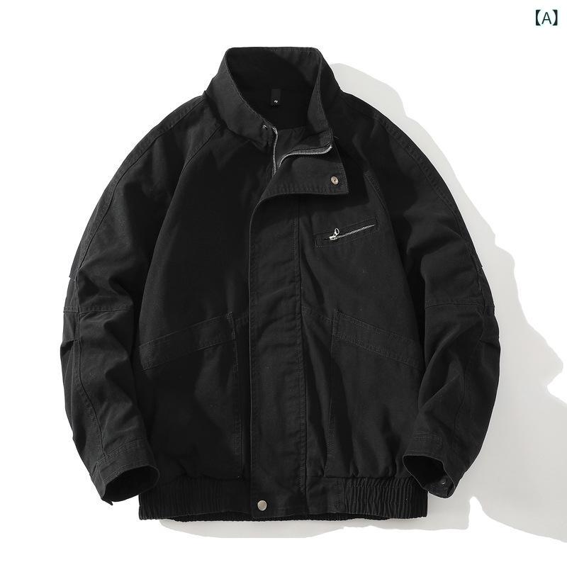 ジャケット メンズ 男性用 ウォッシュ加工 スタンドカラー アメリカンヴィンテージ ワークテイスト 日系カジュアル ゆったりシルエット ジップアップ フードなし コットン 綿 ポリエステル 春秋