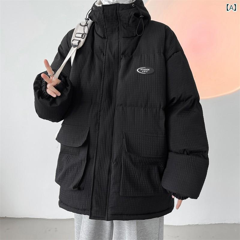 フリースジャケット メンズ 男性用 フード付き 厚手 暖かい ゆったり ルーズフィット ビッグシルエット 中綿入り ポリエステル カジュアル アメカジスタイル 冬物 ペア アウター ブルゾン
