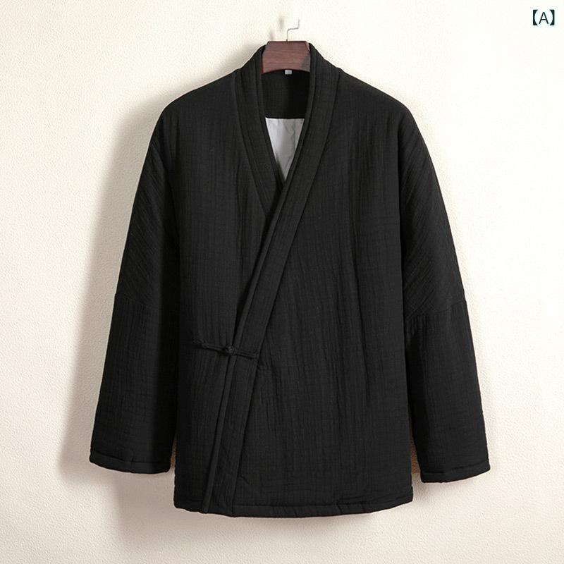 ジャケット メンズ 漢服 中国風 中華服 交襟 斜め前合わせ 禅意 レトロデザイン 中綿 厚手 アウター 秋冬 綿 カジュアル 普段使い ブラック カーキ モダン｜naruki