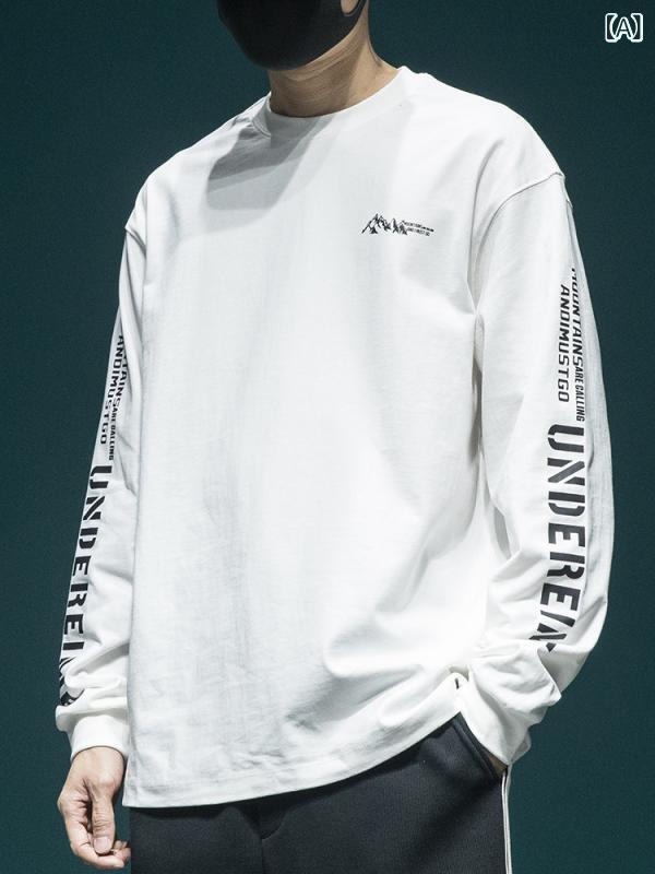 トップス メンズ プリント 長袖 Tシャツ アメカジ トレンド ストリート 綿 コットン素材 カジュアル ゆったり ルーズフィット 大きいサイズ ビッグサイズ クルーネック 丸首 普段着 通気性 着回し 秋