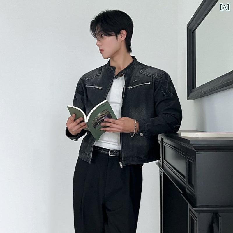 ジャケット メンズ 高級感 ショート丈 春夏 デニムジャケット Gジャン ゆったり オーバーサイズ スタンドカラー 立ち襟 韓国風 トレンド カジュアル コットンブレンド 長袖 ブラック