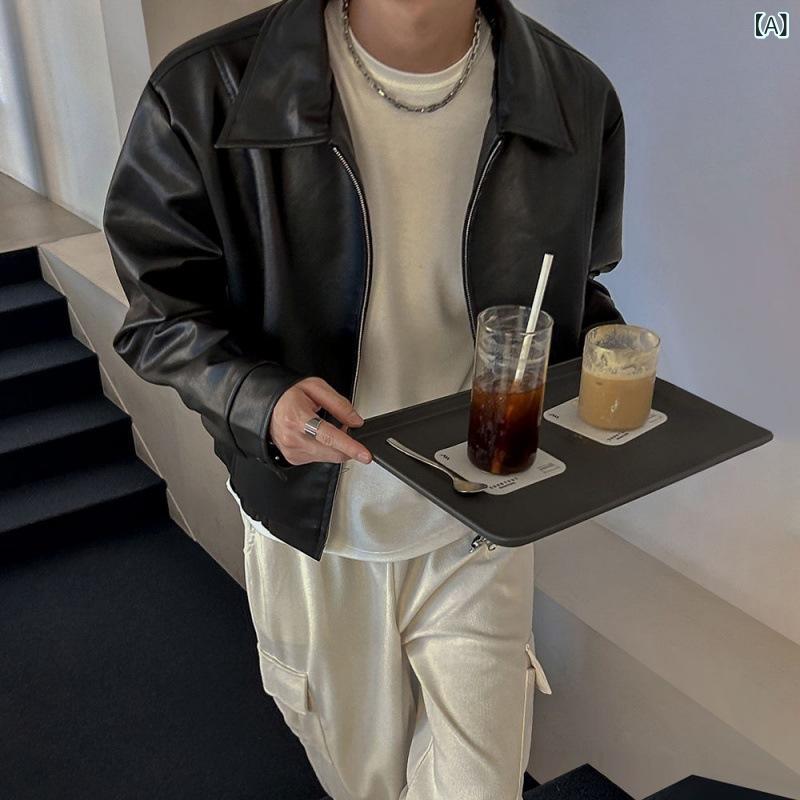 レザージャケット メンズ ショート丈 韓国風 テーラードカラー ゆったり ルーズフィット フェイクレザー ジップアップ フードなし 高級感 ポケット付き 春物 カジュアルアウター 普段使い ブラック