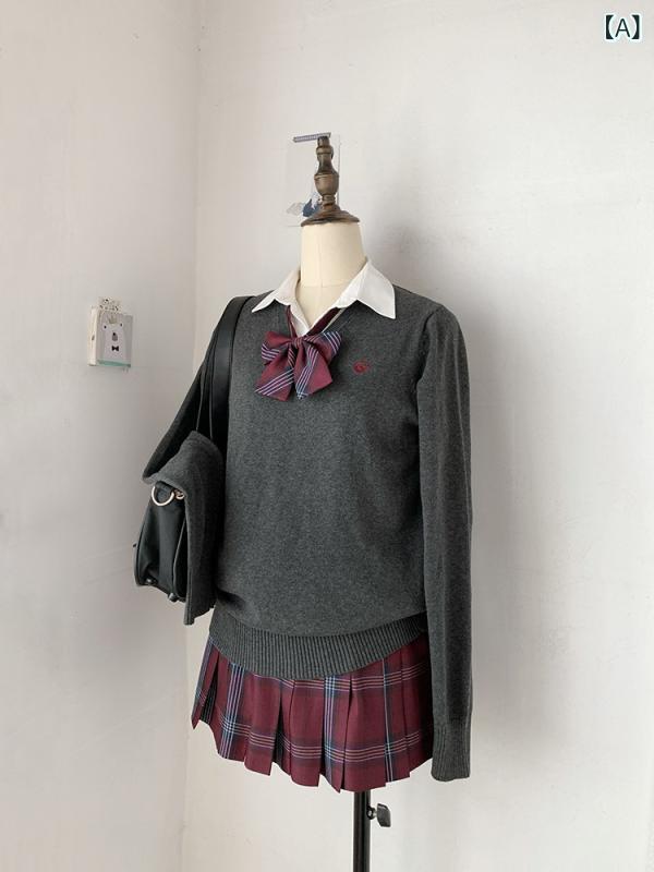 ニット レディース スクール風 学院風 Vネック 刺繍 無地 プルオーバー セーター 長袖 レギュラー袖 綿 コットン トップス 秋冬春 着回し 普段使い 通学 制服ライク ガーリー かわいい 清潔感