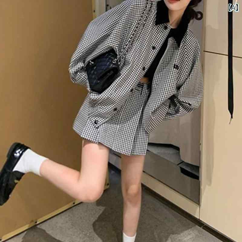 セットアップ レディース フレンチテイスト 上品 韓国風 ツーピース ポリエステル チェック柄 バイカラー ジャケット Aライン ミニスカート 秋冬