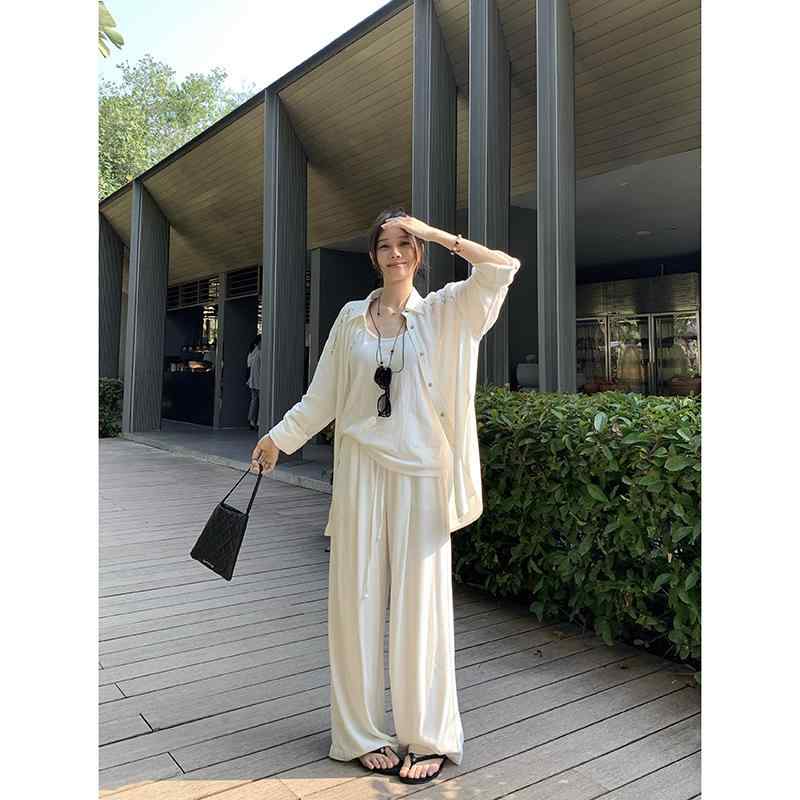 セットアップ レディース 春夏 カジュアル 麻 リネン 長袖 シャツ キャミソール ワイドパンツ 3点セット 普段使い 大人 韓国風 リラックスウェア