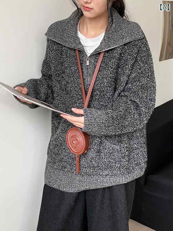 セーター レディース ニット プルオーバー ゆったり ビッグシルエット 厚手 ハーフジップ ハイネック 100% ブークレ ウール 杢調 ミドル丈 長袖 秋冬 カジュアル 9,125円