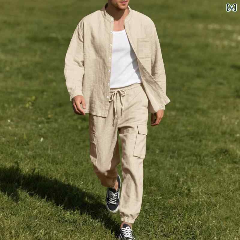 セットアップ メンズ 男性用 春夏 麻 リネン 長袖 開襟シャツ ゆったり ルーズフィット 薄手 ロングパンツ 長ズボン カジュアル 普段使い ビーチ リゾート 上下セット
