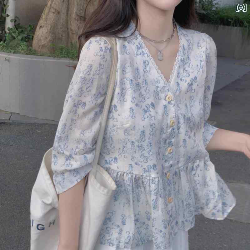 ブラウス レディース フレンチ 小花柄 ドールブラウス 七分袖 シフォン Vネック ゆったり 体型カバー 細見え ポリエステル 軽やか 透け感 こなれ感 通勤 オフィス 普段使い 春秋