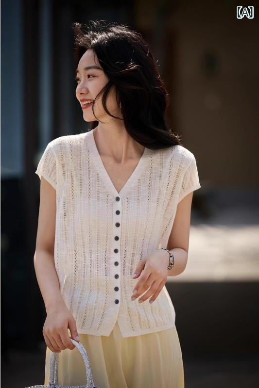 Tシャツ レディース 夏 Vネック フリルスリーブ 透かし編み ニット 半袖 ゆったり デザイン 個性的 上品 きれいめ 通勤スタイル オフィスカジュアル